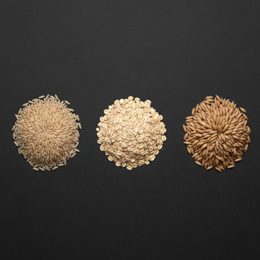 Vollkornprodukte und komplexe Kohlenhydrate - Haferflocken und Reis auf dunklem Hintergrund