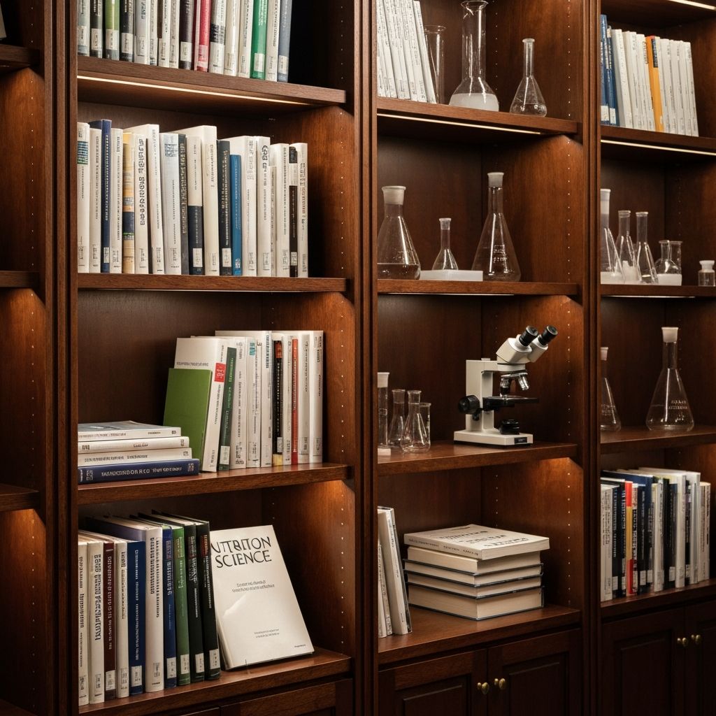 Institutionelle akademische Bibliothek mit Ernährungswissenschaftsbüchern und Laborausrüstung