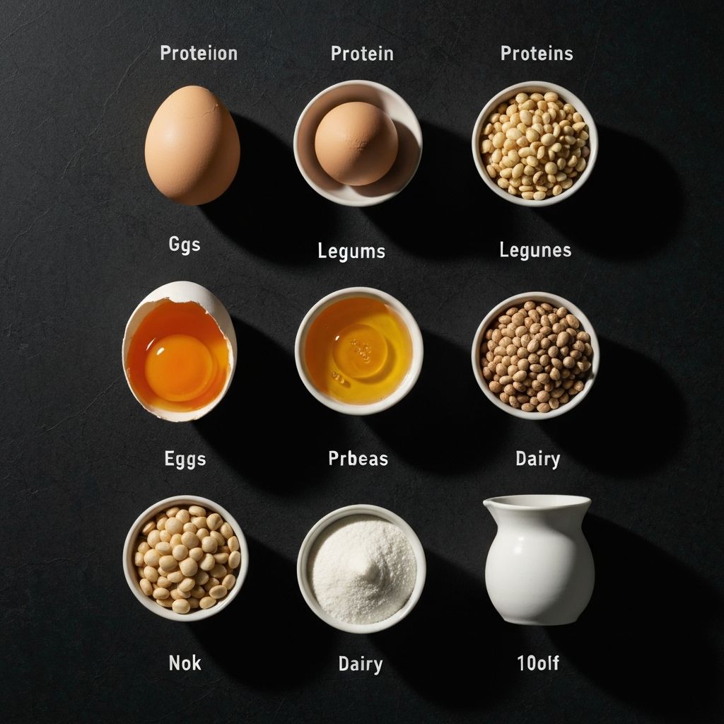 Professionelle Zusammensetzung von Proteinquellen - Eier, Hülsenfrüchte und Milchprodukte